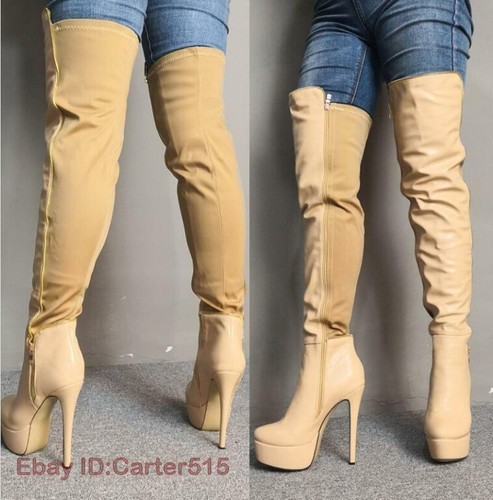 Women Stiletto Platform Super High Heels Over Knee High Thigh Stretchy Boots New - Picture 1 of 11