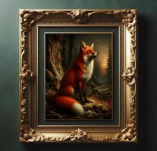 Red fox dark Fantasy Forest, 18th century style, Vintage oil painting art print