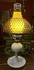 Fenton-ish Vintage Amber/Milk Glass Hobnail Elect. Hurricane Lamp - 19”