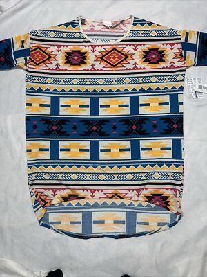 Lularoe Large Irma Tunic Shirt 16/18 20  Tan Blue Yellow Pink Aztec Southwest  