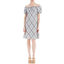 NWT Max Studio London Off The Shoulder Shift Dress Gray Pink Plaid Size Medium