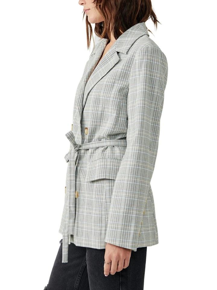 Free People Plaid Check Blazer Womens XS Grey Double Breasted Belted Oversized - Image 4 of 4