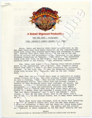 Bee Gees Biography Sgt. Pepper's Lonely Hearts Club Band Press Kit 1978 