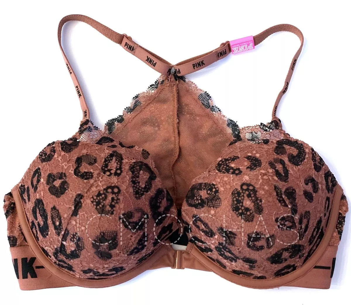 Victorias Secret PINK Logo Date Push-up Front Close Racerback Bra Animal  Print