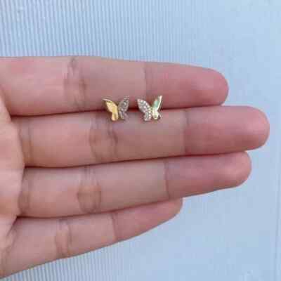 Round Cut Simulated Diamond Women Butterfly Stud Earring 14k Yellow Gold Over