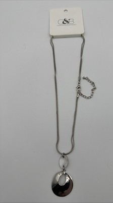 Christopher & Banks Silver Tone Pendant Necklace Adjustable Chain Oval Drop