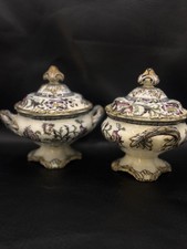 19th C French Faience Sauce Tureens Pair Hand Painted Floral Gilt Spoon Cut Out