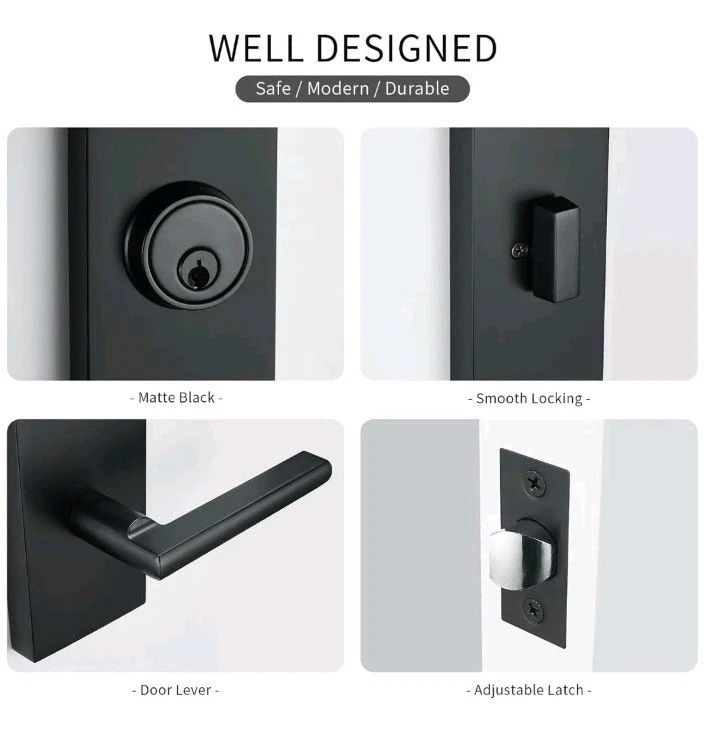 Manija de puerta delantera negra mate - Juego de cerradura de puerta de entrada moderna diseño simplista  Foto 3 de 4