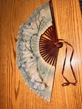 2 Chinese hand painted folding fans beautiful scenes - wooden handles -