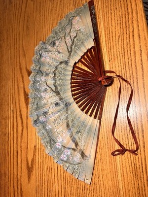 2 Chinese hand painted folding fans beautiful scenes - wooden handles -