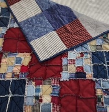 Handmade Denim Rag Quilt Throw Upcycled Jeans Patriotic USA Denim Plaid 50X41 Handmade Denim Rag Quilt Throw Upcycled Jeans Patriotic USA Denim Plaid 50X41