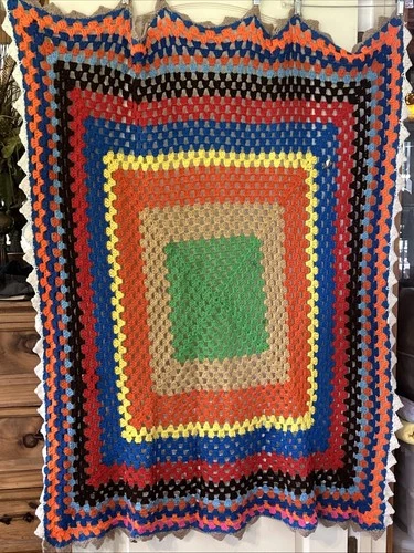 Vintage Granny Square Afghan – Hand Crochet Throw – Retro Green Yellow