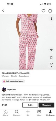 Roller Rabbit Pink Red Monkey Animal Print Pajama Set Short Sleeve Collared M