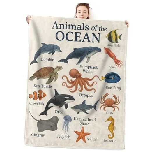 Animal Theme Flannel Blanket Educational Gifts for 60x50 Inch Ocean