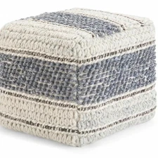 Simpli Home Grady Boho Square Pouf in Blue and Natural Handloom Woven