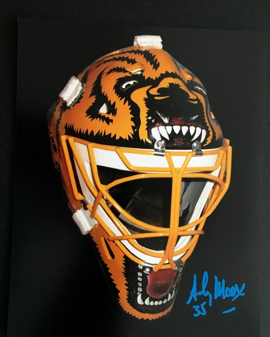 ANDY MOOG AUTOGRAPH SIGNED 8X10 PHOTO BOSTON BRUINS COA MASK