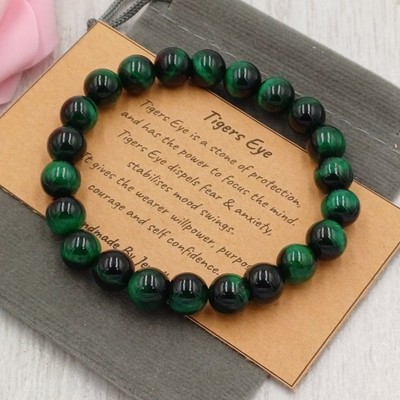 GRÜNES TIGERAUGE Armband Stretch Fit Handarbeit + Geschenktüte & Karte Edelstein 6/8mm