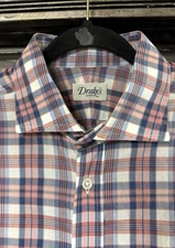 DRAKE’S London pink plaid Spread Collar Shirt sz. 17/43 Made in Italy