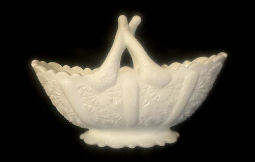 FENTON Vintage Daisy & Button Milk Glass Basket, circa 1965, split twig handle