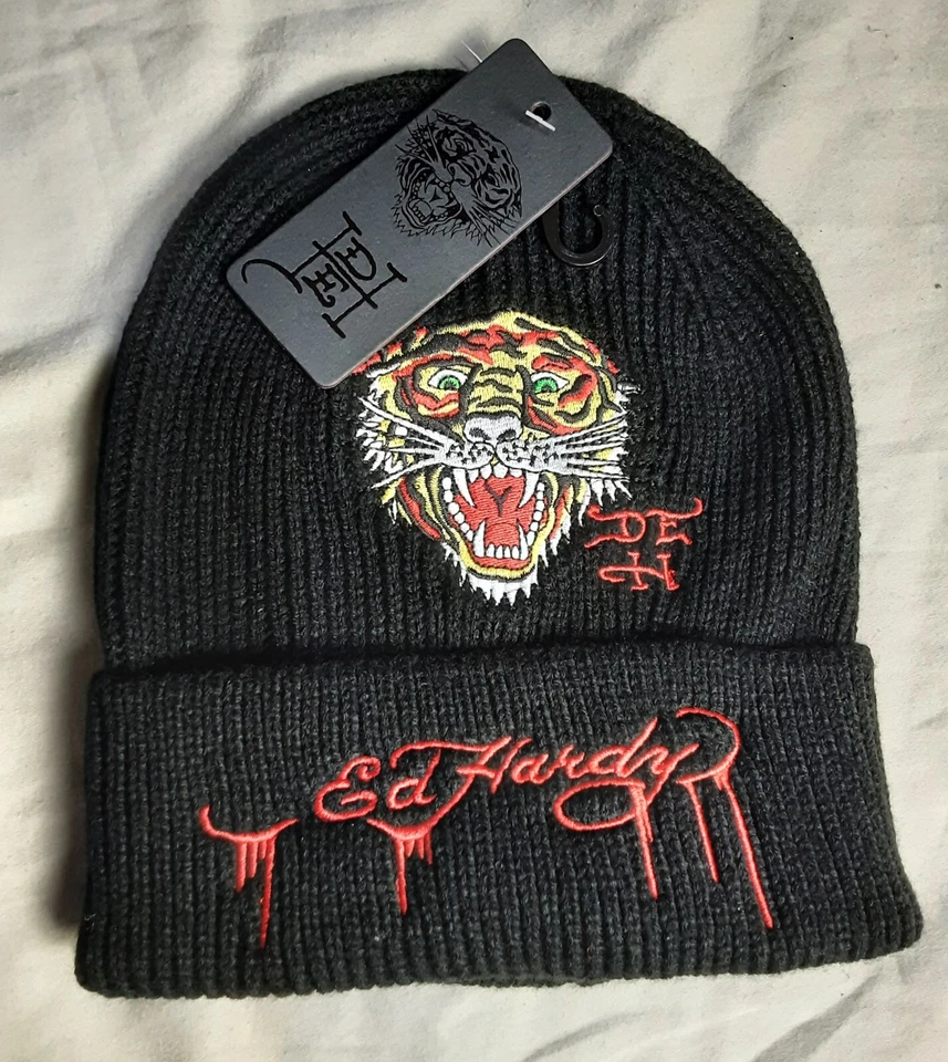 NWT Ed Hardy Tiger Embroidered Knit Hat / Beanie in Black  - Image 2 of 4
