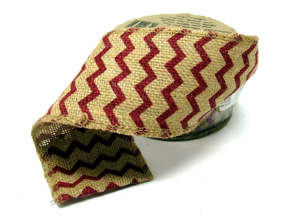 Vatican Homes Wired Christmas Ribbon Red Zig Zag Burlap Jute 2.75" x 10 yards - Image 2 of 4
