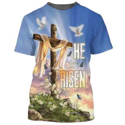 He Is Risen Cross Dove Easter Lily Christian Gift AOP 3D T-Shirt Full Size S-5XL