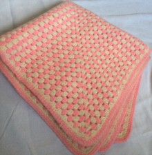 Vintage Wool Knit Baby Blanket - Cream, Pink - EUC Handmade