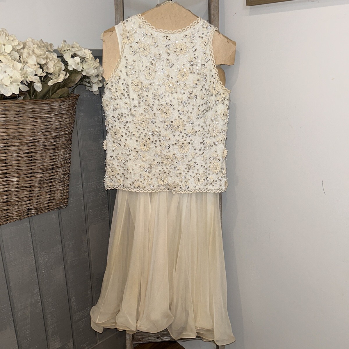 sequin top flowy bottom dress Pat Sandler Chiffon Ivory Cocktail Lace S/M jovani prom dress