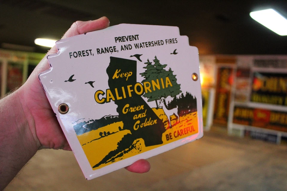 LETRERO SUPERIOR PLACA DE METAL PORCELANA VERDE MANTÉN CALIFORNIA BOSQUE NOVATO OSO CIERVO Foto 2 de 4