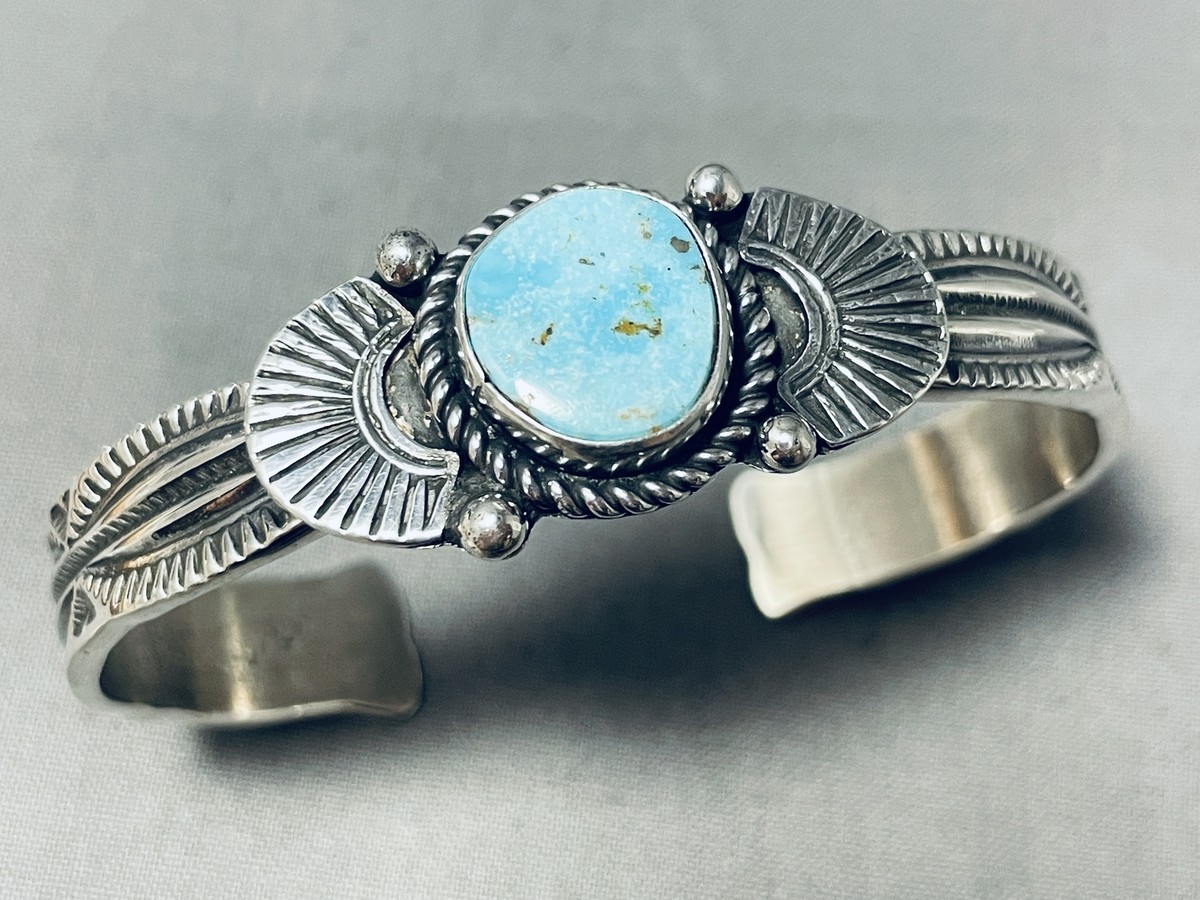 Exceptional Vintage Native American Navajo Kingman Turquoise Sterling Silver Bracelet Signed Exceptional Vintage Native American Navajo Kingman Turquoise Sterling Silver Bracelet Signed