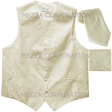 New Men's paisley Tuxedo Vest Waistcoat Necktie Hankie Ivory wedding formal