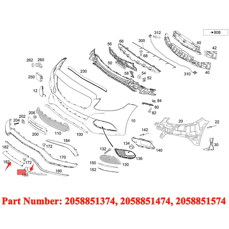 Gloss Black Front Bumper Molding Trim For Mercedes-Benz W205 C300 C400 2015-2018 Foto 2 de 4
