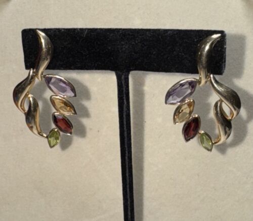 14 K Gold Amethyst Citrine Garnet Peridot Dangle Leaf Earrings 1.5" Long 5.89g - Picture 2 of 10