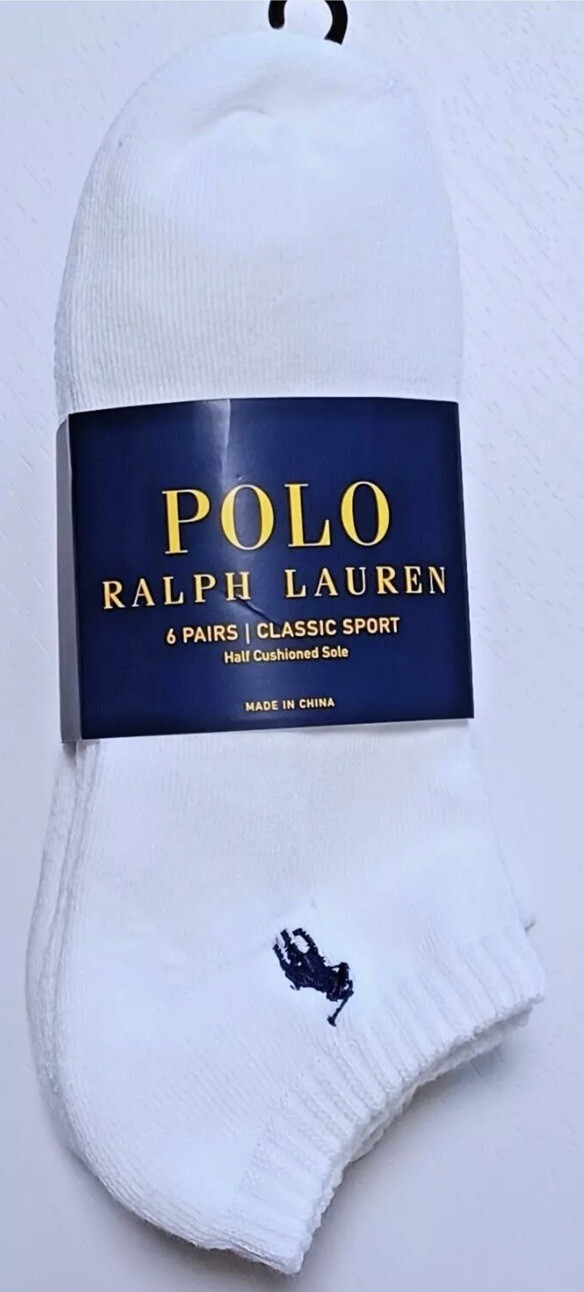 SAOLA Polo Ralph Lauren Confezione 6 Calze BIANCHE NoShow Classico Mezzo Cuscino Suola NUOVE Unisex