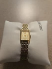 Vintage Seiko Watch Women Gold Tone Slim Rectangle Dial New Battery 7 1/2  Inch