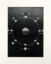 PHASES of the MOON Astronomy - 1920 Mounted Antique B&W Print