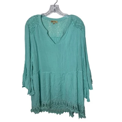 Democracy Women 2X Seafoam Green Lace Trim Tiered Boho Blouse WCT0354SM - Image 1 of 4