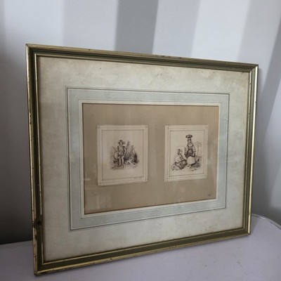 2 antike Zeichnungen gemarkt A.E 1838 gerahmt Dame und möglicher Rattenfänger