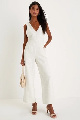 NWT Lulus Officially Exceptional Ivory Tweed Lurex Wide-Leg Jumpsuit Size Large