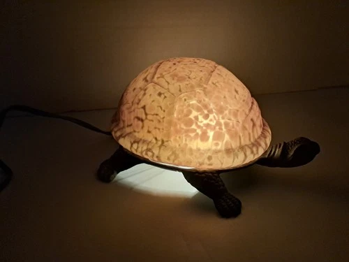Vintage Turtle Gold Accent Lamp Amber Glass Shell Night Light Metal Base