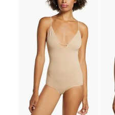 Free People Intimately Move Along Racerback Bodysuit Beige Nude Ribbed- XS/S
