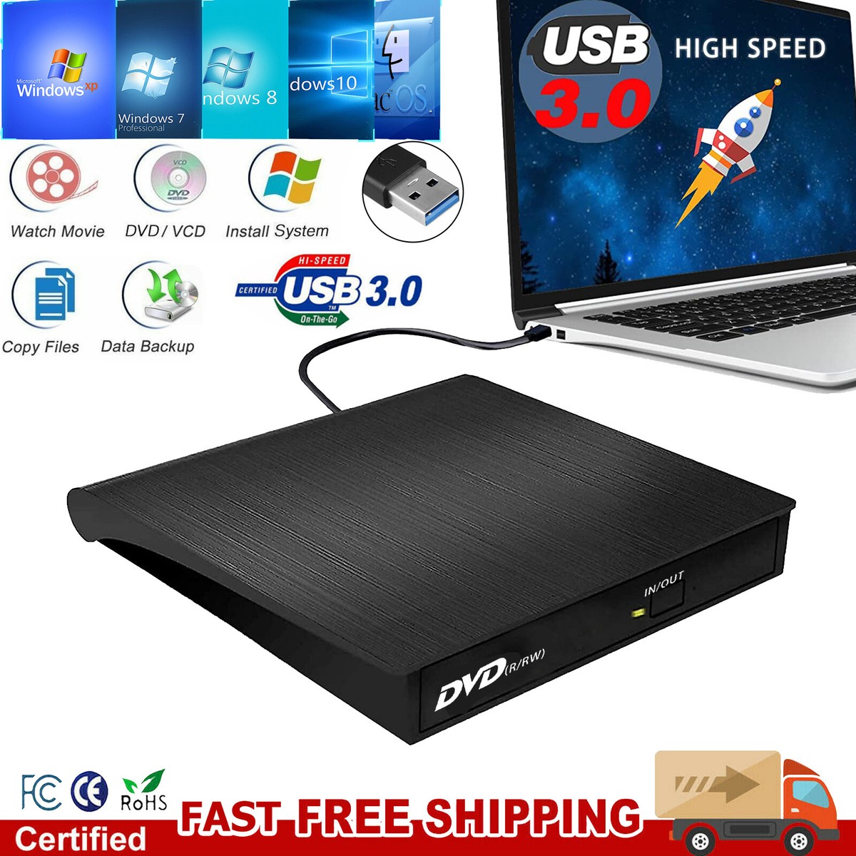 Portable USB 3.0 External CD DVD Drive Burner Writer Player for