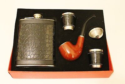 Flask Gift Set PU Leather Smoking Pipe Steel Shot Glass Multi-tool 