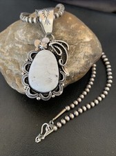 White Buffalo Turquoise Pendant Navajo Pearls Sterling Silver Necklace 10945