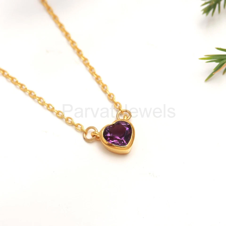 Natural Amethyst Heart Gemstone Solid 18k Gold Christmas Women Pendant Necklace - Image 3 of 4