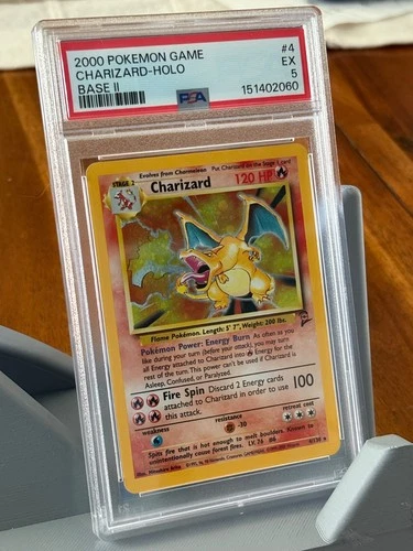 LARGE SWIRL * 2000 POKEMON BASE SET 2 #4 CHARIZARD-HOLO PSA 5