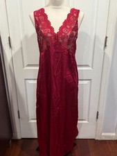 Women Lingerie Satin Nightgown Slip V Neck lace Burgundy Thin  Sz XL (52"x19")