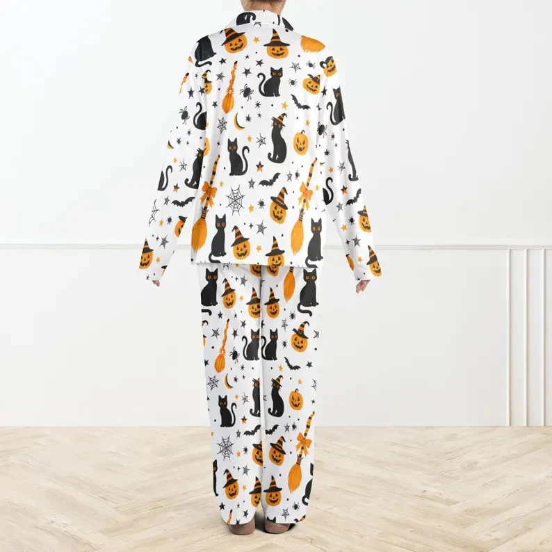 Conjunto de pijama unissex Halloween gato abóbora manga longa botão top e calça P-5XL - Imagem 3 de 4