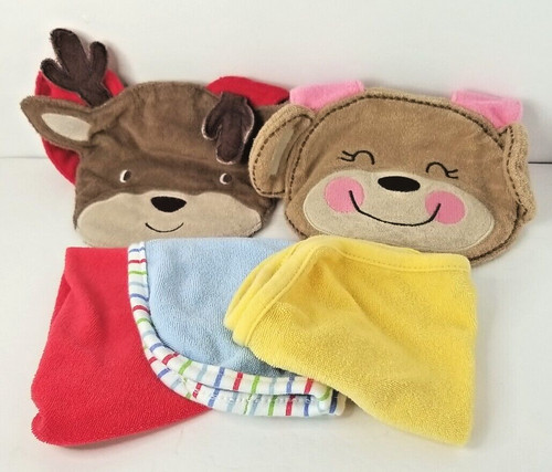 Carters Baby Animal Reindeer Monkey Bibs & Babies R Us Burp Wash Cloths Lot of 5