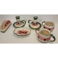 Vtg Loomco China Stoneware Six Piece watermelon sponge art pink green Serving
